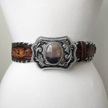 Vintage Tooled Leather Belt / Tony Lama Floral Embossed Belt with Silver Tone Cabochon Buckle / Unisex Mens Womens Country Western Belt 