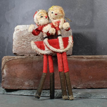 1940s Skinny Santa & Mrs. Claus Wired Ornaments | Spun Cotton and Felt Santa Ornament 