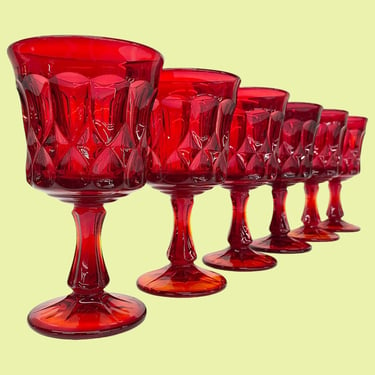 Vintage Noritake Water Goblets Retro 1970s Mid Century Modern + Perspective + Ruby Red Glass + Set of 6 + Bar Stemware + Kitchen + Drinking 