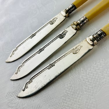 Vintage fancy Art Deco knives, set of 3, etched florals, fluted, great for mix and match, butter, charcuterie board, great to gift, collect 