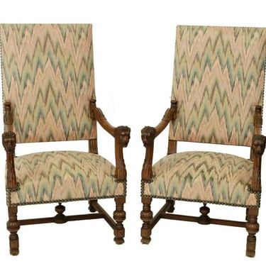 Armchairs, Highback, Pair French Renaissance Style, Nail Head, Vintage / AntiqueA