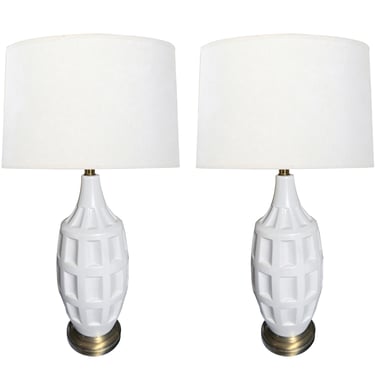 Large Pair of American 1960s Elliptical-form White Matte Glazed Coffered Lamps