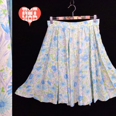 Pretty Vintage 50s 60s White & Pastel Blue Floral Circle Mid-Length Skirt 