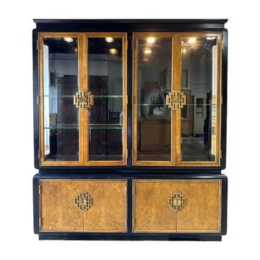 Chinoiserie China Cabinet by Century Chin Hua 72”W Large Vintage Burl Wood & Lighted Glass Hutch Illuminated Asian Hollywood Regency Display 