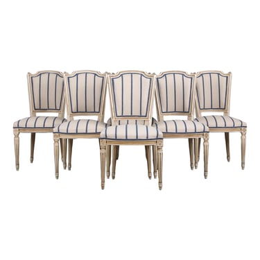 Antique French Louis XVI Style Painted Dining Chairs W/ Striped Fabric - Set of 6 