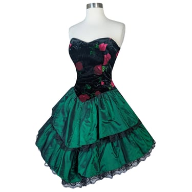 Vintage 80s CORSET Red Rose Floral Black Velvet Strapless Green Prom Party Dress S Small Full Skirt Tiered Short Lace Petticoat Cottagecore 