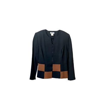 90s Checkered Top, Vintage Zip Up Blazer, Black Brown Colorblock Blouse, Simple Minimal Loose Fit Long Sleeve Oversized Zip Up Cardigan 