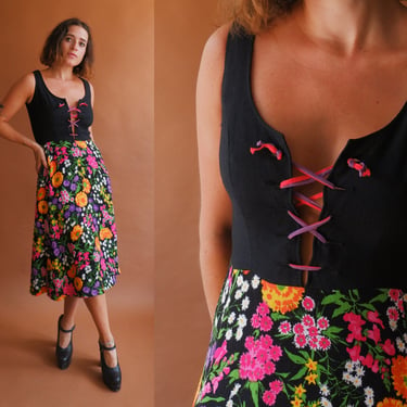 Vintage 60s Lace Up Floral Corset Dress/ 1960s Dirndl Style Black Floral Midi Dress/ Size XS 