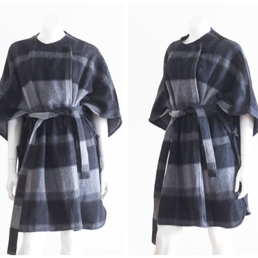 Gray plaid mohair wool and alpaca belted poncho 