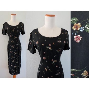 Vintage 90s Floral Dress - Lace Up Back - Rayon Midi Black Flower Print Romantic Cottagecore Bohemian Size Small 