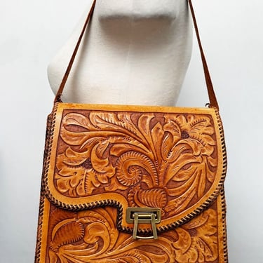 Vintage 1940's Brown LEATHER Tooled Western Shoulder Bag Box Purse Whip Stitch Rockabilly 1950's 