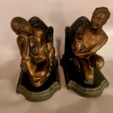 Antique Bookends Depicting Day and Night, night and day, owl, rooster 