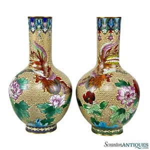 Vintage Chinese Cloisonne Birds of Paradise Brass & Enamel Vase - A Pair