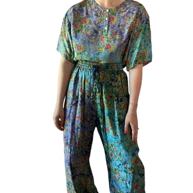 Vintage 1980s Green Womens Floral Hippy Bohemian Blouse Trouser Set Sz M 