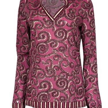 Tory Burch - Berry Purple, Maroon, & Beige Paisley Print Sequin Embellished Top Sz 6