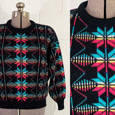 Vintage Demetre Colorful Ski Sweater Scandinavian Snowflakes Winter Fair Isle Wool Black Pink Blue White Twin Peaks Hygge Small 1990s 