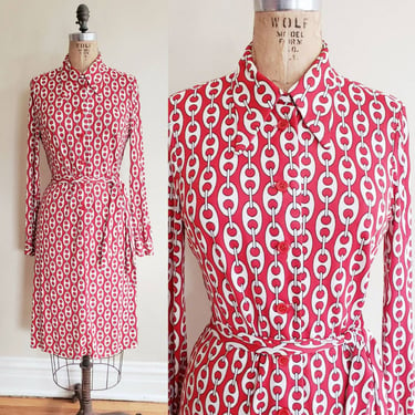 70s Printed Shirtdress Red White Chainlink Graphic / S M 