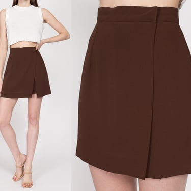 XS 90s Brown High Slit Mini Skort 24" | Vintage Minimalist High Waisted A Line Wrap Miniskirt 