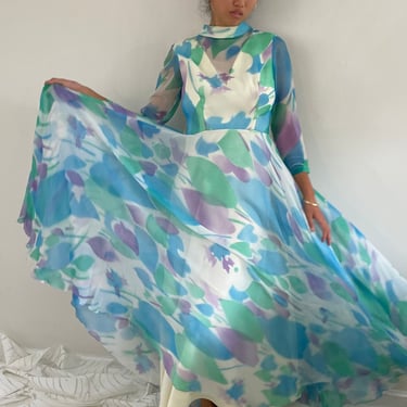 70s silk dress / vintage sheer silk chiffon printed floral overlay ethereal pastel long sleeve maxi dress | Small 