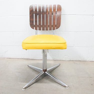 Midcentury Rotating Vinyl Chair with Slatted Wood Back and Chrome Base 
