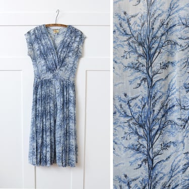 vintage 1950s sheer cotton dress • blue tree novelty print tailored R & K originals dress 