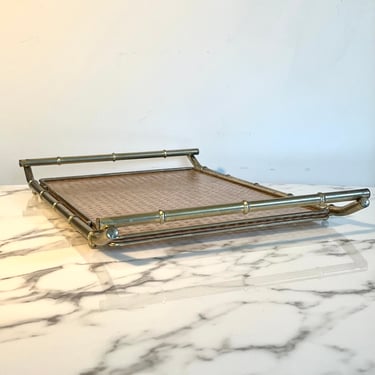 Vintage bamboo design serving tray in brass cane and acrylic 