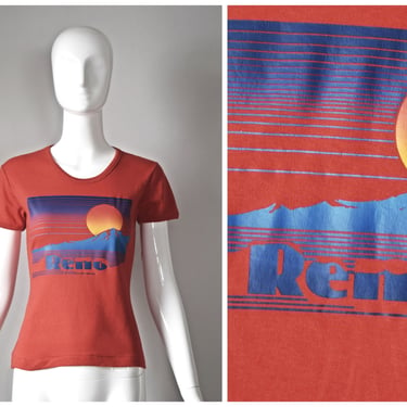 vtg 1985 Fun Tees red Reno graphic babydoll t-shirt | mountain sunset Nevada 1980s 80s | size Medium tee shirt top | colorful summer 