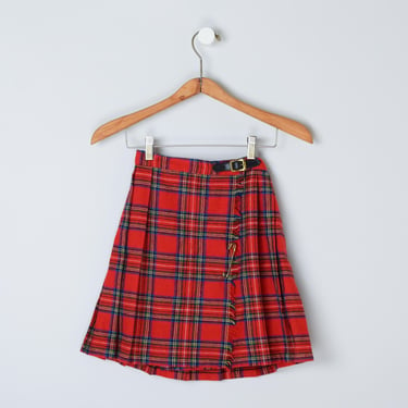 Vintage 1960s Red Plaid Pleated Wrap Mini Skirt with Buckle, Fringe & Skirt Pin - Women's XXS (22