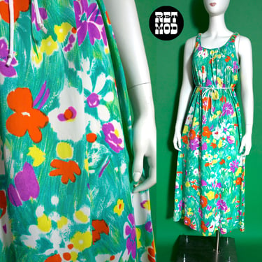 Comfy Vintage 60s 70s Teal Green Yellow Purple Floral Nylon Maxi Dress by Miss Elaine 