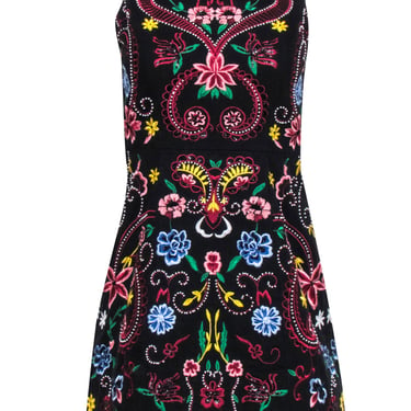Alice &amp; Olivia - Black Sleeveless Dress w/ Multi Color Floral Embroidery Sz 0