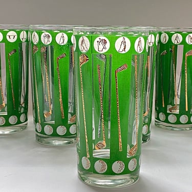 Vintage golfing barware Set of 4 green & gold golf club bar glasses, highball cocktail glasses, Golfers 19th hole bar gift set 