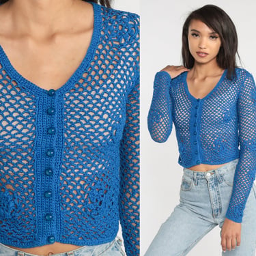 Blue Crochet Cardigan 90s Sheer Knit Button Up Cropped Sweater Crop Top Boho Hippie Festival Blouse Open Weave Vintage 1990s Extra Small xs 