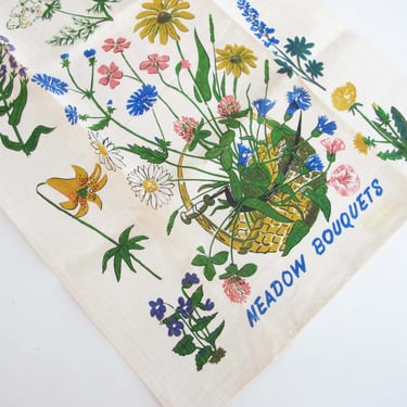Vintage Meadow Flower Linen Tea Towel - 1960s Wildflower Botanical Garden Towel 