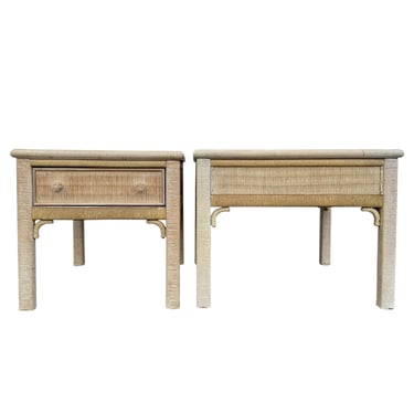 Set of 2 Vintage Henry Link Wicker End Tables with Glass Tops - Coastal Boho Chic Rattan Hollywood Regency Bamboo Style Pair 