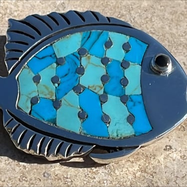 Manuel Porcayo Figueroa ~ Vintage Mexico Sterling Silver and Blue Inlay Fish Pendant / Pin / Brooch 