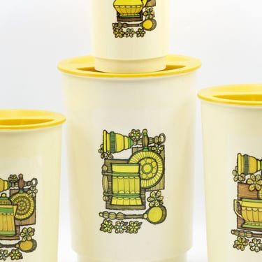 Vintage Retro-Themed Kitchen Canisters, Set of 4, Yellow Green Canister, 70s 80s Kitchen Storage Decor 