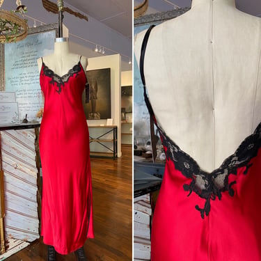 1990s nightgown, vintage slip dress, red silk, backless, size medium, Victorias secret, red and black, sexy lingerie, bias cut, valentines 