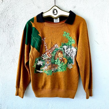 Vintage 90s Embroidered Animals Patchwork Sweatshirt 1990s Collared Zoo Animal Pullover Shirt 