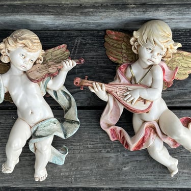 vintage Simonetti cherub pair Depose Italian Fontanini angel wall figures 