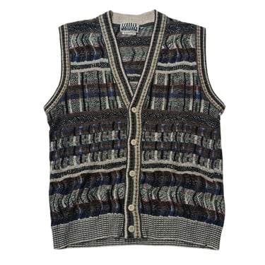 Vintage 90's Coogi Style Cardigan Vest Sleeveless Sweater | Cable Knitted Sweater | Textured Abstract Pattern | Cosby Biggie Streetwear 