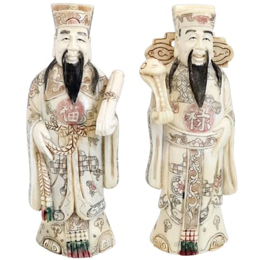 1890's Antique Pair of Chinese Qing Carved Scholar / Immortal Figurines 