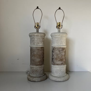 Vintage Column Plaster Table Lamps With Geometric Pattern - a Pair 
