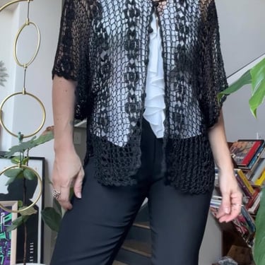 VTG 70s Black Crochet Short Sleeve Cardigan 