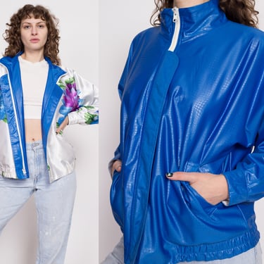 80s Shiny Reversible Floral & Optical Illusion Windbreaker - Extra Large | Vintage Blue White Zip Up Streetwear Track Jacket 