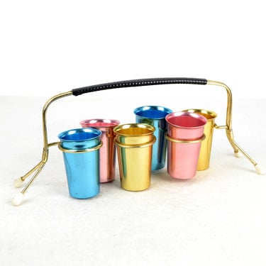 DDR Liqueur Set 6 Aluminum Cups Anodized + Stand Bar Liqueur Schnapps Vintage Design Ostalgie Nostalgia 