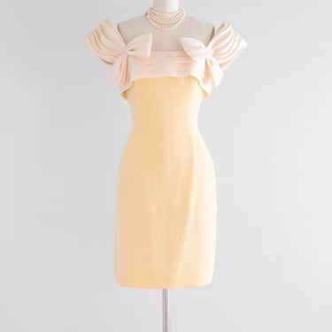 Beautiful 1980's Butter Yellow Silk Dress With Ivory Bows and Shoulders / SM