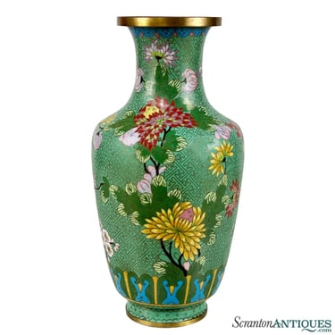 Vintage Chinese Cloisonne Green Enameled Floral Motif Brass Vase