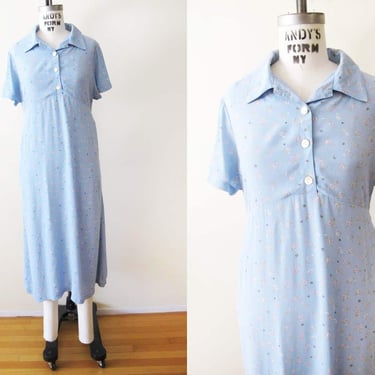 Vintage 90s GAP Grunge Ditsy Floral Midi Dress M  - 1990s Powder Blue Rayon Button Chest Empire Sundress - Collared - Tie Back 