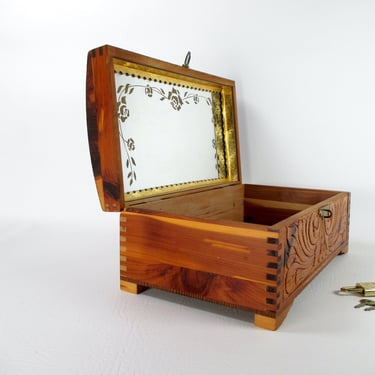 Antique Equestrian Themed Carved Wood Locking Keepsake Box w Key Pilliod Cedar Chest with Mirror Vintage Finger Joint Footed Wood Hinged Box 