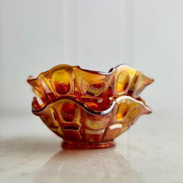 Vintage Fenton Glass Dish Set of 2, Small Snack Bowls, Amber Carnival Glass, for serving, display, mid century modern decor, gift 